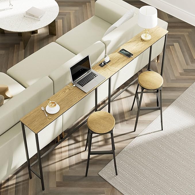 63 Inch Console Table with Power Outlet,Modern Narrow Long Sofa Table Behind Couch,Skinny Entry Table with Black Metal Frame for Entryway,Living Room, Hallway,3D Oak