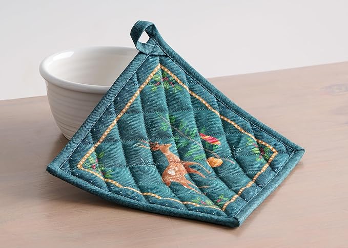 Maison d' Hermine 100% Cotton Oven Mitt & Pot Holder Set (7.5"x13" & 8"x8") Heat Resistant BBQ Cooking Gloves with Loop for Thanksgiving Christmas Decorations Handling Hot Pans (Hygge Christmas)