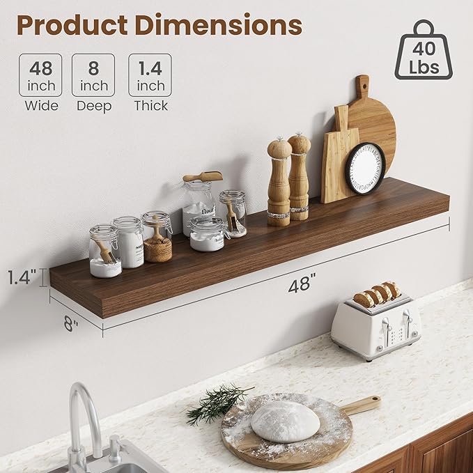 48 Inch Floating Shelves for Wall, 8 Inch Deep Floating Shelf for Storage & Display, Rustic Wall Mounted Shelf with Invisible Brackets for Living Room, Kitchen, Bathroom, Home Decor, Set of 2, Walnut