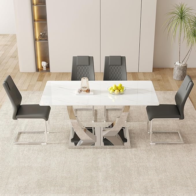 AZmac 63" Modern Dining Table Set for 4, White Dining Room Set for 4, Tempered Glass Kitchen Table and PU Leather Chairs, Marble Pattern Top with Sturdy Silver Chrome Base