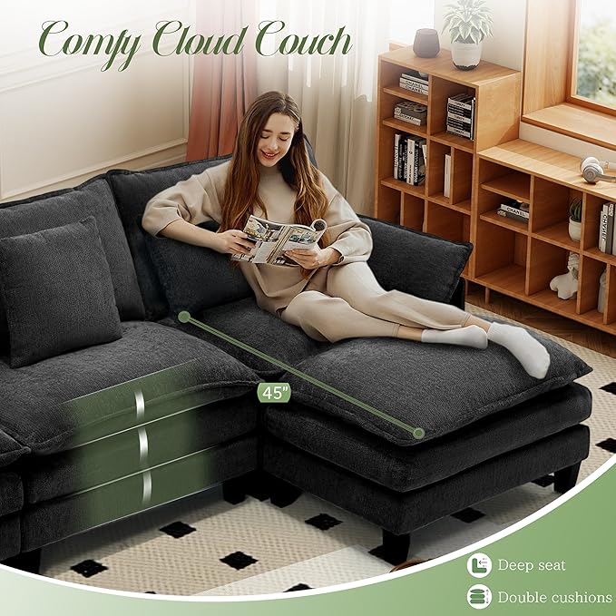 Modular Sectional Sofa, Comfy Cloud Couch with Movable Ottoman, Deep Seat Couches for Living Room, Bedroom and Apartment, 140" U Shaped Modern Sofa with Pillows, Black