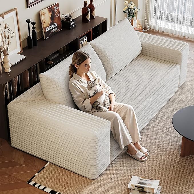 Cloud Loveseat Sofa, Modern Corduroy 2-Seater Couch with Deep Seat, No Assembly Required Memory Foam Sofa, Boneless Sofa in a Box for Bedroom, Apartment, Office,Small Space (White,70.8in)