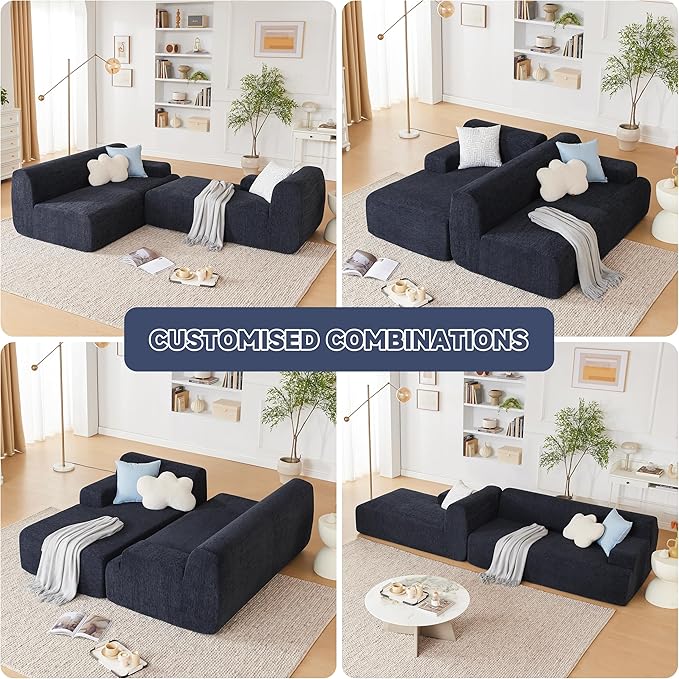 107" Modular Sectional Sofa, Sponge Sectional Sofa Couch for Living Room, High Density Sponges Cloud Couch,Modular L-Shape Sofa with Chaise, (Black)