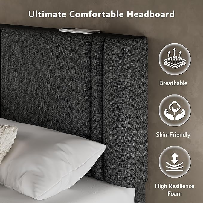 iPormis King Platform Bed Frame with Fabric Upholstered Headboard & Thickened Legs, Mattress Foundation with Solid Wooden Slats Support, No Box Spring Needed, Noise Free, Dark Grey