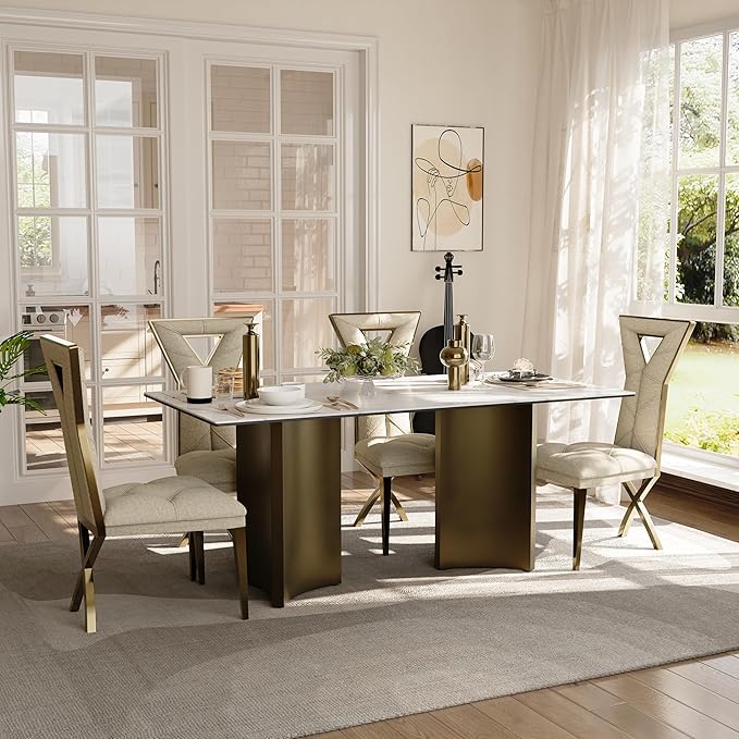 Modern Dining Table for 6, White Sintered Stone Dining Table Top with Brushed Bronze Stainless Steel Base, 70 inch Rectangle Dining Room Table for Home Restaurant (Only Table)