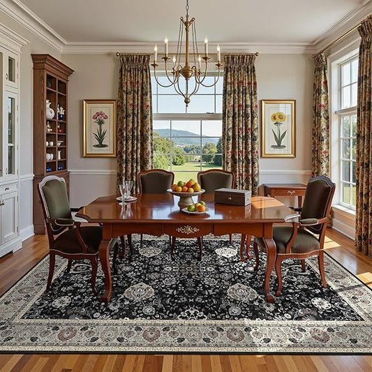 Deerly 6x9 Vintage Rugs for Dining Room, Washable Rugs Non Slip Large Area Rug for Living Room Bedroom Office, Floor Decoration Big Rug Mat Low-Pile Kid & Pet Friendly(Blcak Navy Multi