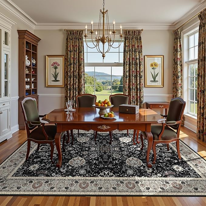 Floral Living Room Rug 5x7 Washable Rugs Boho Vintage Oriental Large Foldable Faux Wool Carpet for Bedroom Nursery Room Dorm Kids Playroom Home Office Blcak Navy Multi