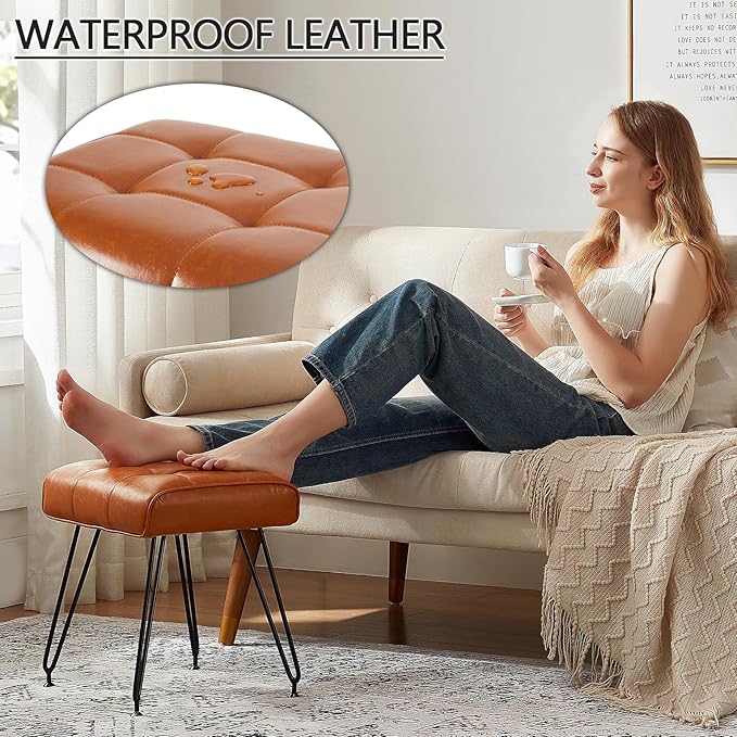 PU Leather Vanity Stools, Vanity Stool Chairs for Makeup Faux Leather Foot Stools Ottoman with Metal Leg Make up Chairs for Vanity Small Bench Seat for Living Room Bedroom (Whiskey Brown)