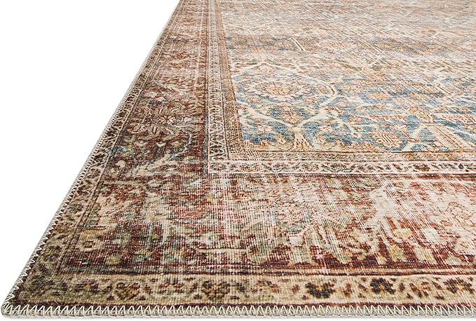 Loloi Layla Collection LAY-04 Ocean/Rust 2'-0" x 5'-0" .13" Thick Accent Rug, Soft, Durable, Vintage Inspired, Distressed, Low Pile, Non-Shedding, Easy Clean, Printed, Living Room Rug