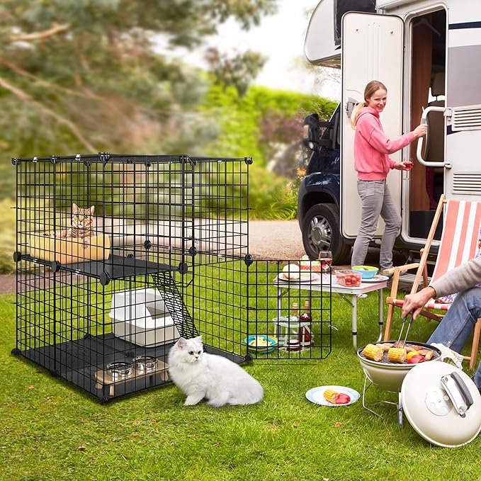 YITAHOME 2-Tier Cat Cage Indoor Outdoor: 28" L x 28" W x 28" H DIY Cat Enclosures Kitten Cage Pet Playpen Metal Kennel for 1-2 Cats Small Animals Ferret Kitty Squirrel