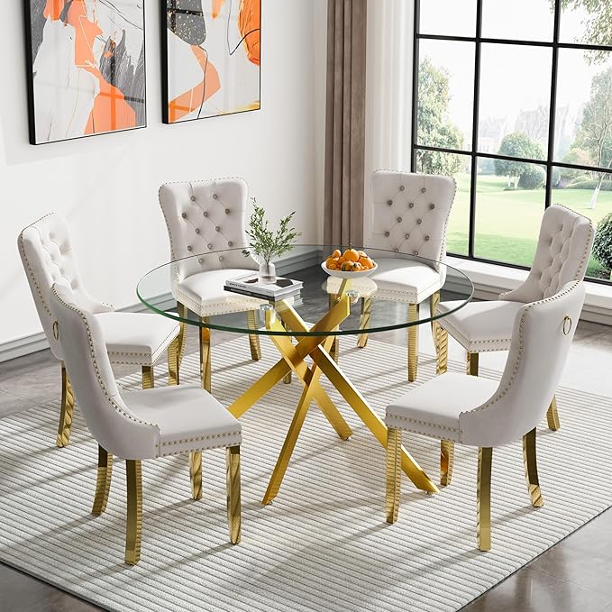 Goujxcy Round Dining Table Set for 6, Modern Glass Kitchen Table and Chairs Set of 6, 7-Piece Dining Room Table Set w/47 Circle Gold Glass Dining Table and 6 Upholstered Velvet Chairs