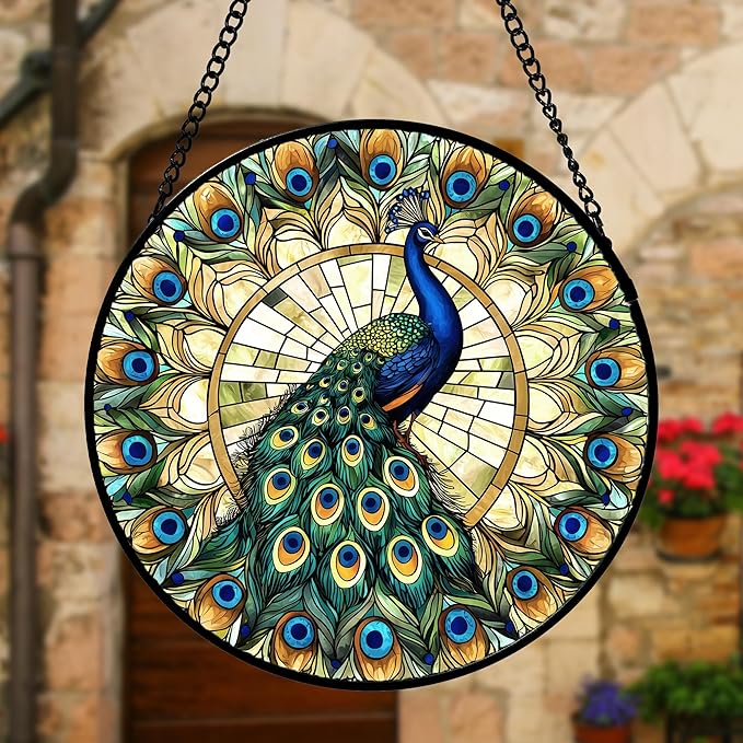 Stained Glass Window Hanging - Retro Peacock Decoration Suncatcher for Door Garden Home Bird Feather Sun Catchers Christmas Mother's Day Birthday Gifts for Women Men Mom Nana Friend 7.8 in