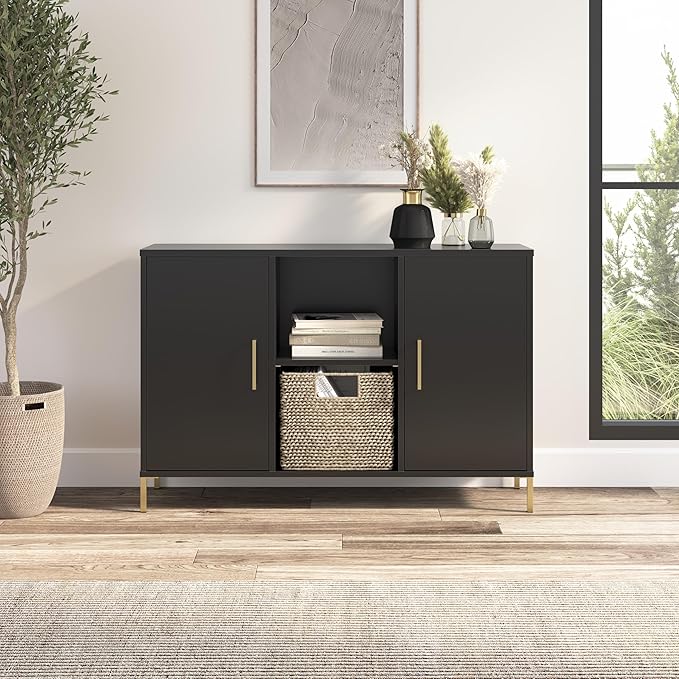 Bush Home Essence Accent Cabinet with Doors, Living Room Furniture, Essence Collection, Black Stipple