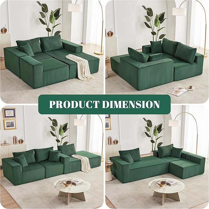 108” Modular Sectional Sofa, Cloud Sectional Couch with Deep Seat, Modern Modular L-Shape Sofa with Chaise,Upholstered Boneless Couches for Living Room Bedroom (Corduroy, Green)