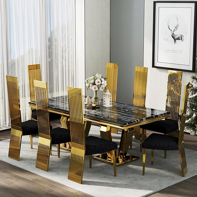 Dining Chairs Set of 4, Black Upholstered Dining Room Chairs with Mirrored Gold Metal Legs and High Back