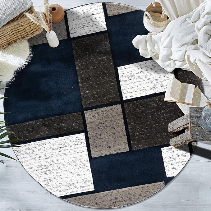 Rugshop Contemporary Modern Boxes Area Rug 6' 6" Navy (6' 6" Diameter)