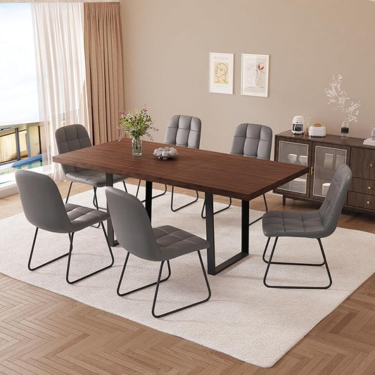 ZckyCine 67" Expandable Walnut Dining Table with 6 PU Leather Chairs, 7-Piece Modern Dining Set, Sturdy Metal Legs, Adjustable 51"-67" Rectangle Table for Kitchen & Dining Room