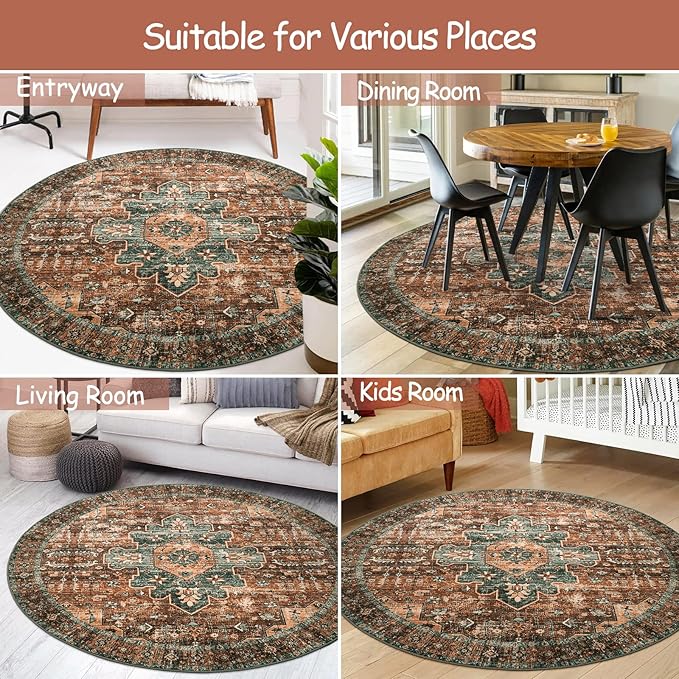 Moynesa Ultra-Thin Washable Round Rug - 6ft Large Dining Room Round Area Rug, Vintage Living Room Mat Stain Resistant Office Carpet for Bedroom Mudroom Kitchen Apartment Basement Foyer