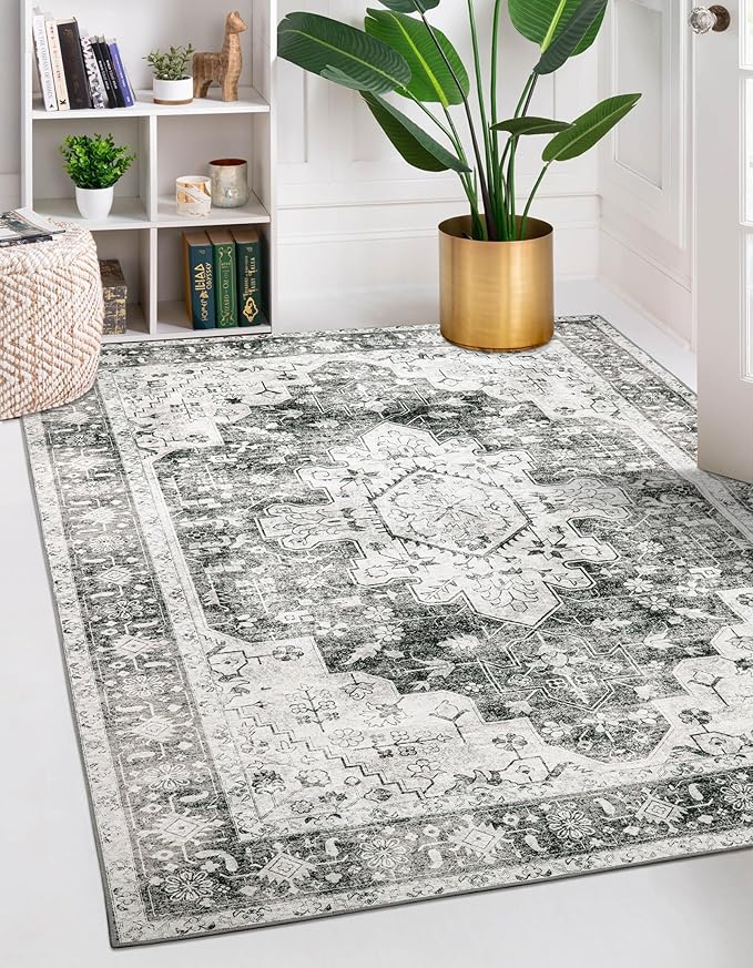 Moynesa Ultra-Thin Washable Area Rug - 5x7 Large Gray Rug for Living Room Vintage Rugs for Bedroom, Non Slip Non Shedding Pet Friendly Dining Room Mat Carpet for Department Office Kitchen