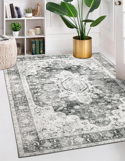 Moynesa Ultra-Thin Washable Area Rug - 5x7 Large Gray Rug for Living Room Vintage Rugs for Bedroom, Non Slip Non Shedding Pet Friendly Dining Room Mat Carpet for Department Office Kitchen