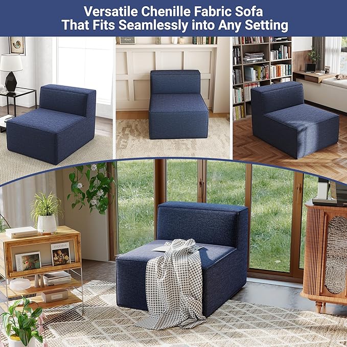 38“ Modular Sectional Sofa Convertible Cube Couch Seat Set, Combine L-Shaped U-Shaped, Free Assembly, Space-Saving for Living Room, Thick Foam Fabric Chenille Blue (Only Armless)
