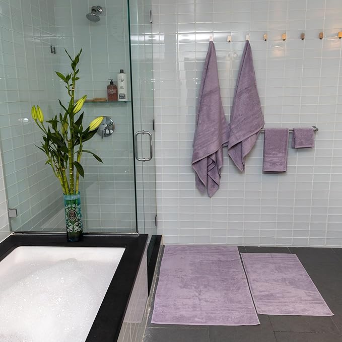 Mosobam Luxury Turkish 14pc Deluxe Bath Bundle Body Hand Face Towel and Mat Lavender Aura 700 GSM & 1000 GSM Bamboo Viscose & Aegean Turkish Combed Cotton