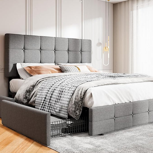 MUTICOR Queen Size Bed Frame with 4 Storage Drawers, Upholstered Platform Bed with Button Tufted Adjustable Headboard, No Box Spring Needed, Easy Assembly, Square Tufted, Light Grey Fabric