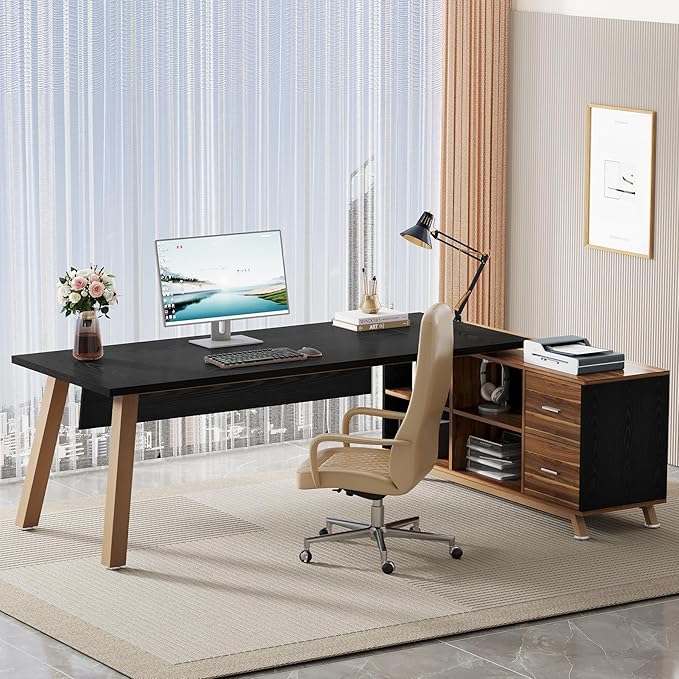Tribesigns 78.7-Inch Executive Desk, L-Shaped Desk with 55-Inch Cabinet, Large Office Desk with Storage Shelves, Modern Computer Desk for Home Office, Black & Walnut