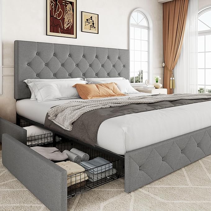 Allewie Upholstered King Size Platform Bed Frame with 4 Storage Drawers and Headboard, Diamond Stitched Button Tufted, Mattress Foundation with Wooden Slats Support, No Box Spring Needed, Light Grey