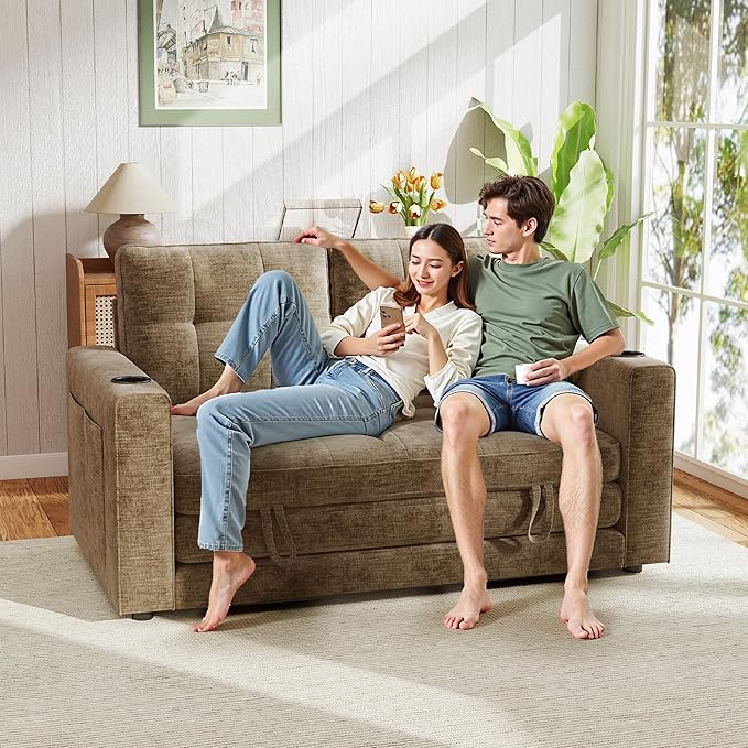 WorthFurni Convertible Sofa Bed, Folding Sofa Bed 2 in1 Pull Out Loveseat Sleeper Sofa, Floor Sofa Bed for Small Spaces Folding Couch Bed with Pillows for Living Room Bedroom - Brown