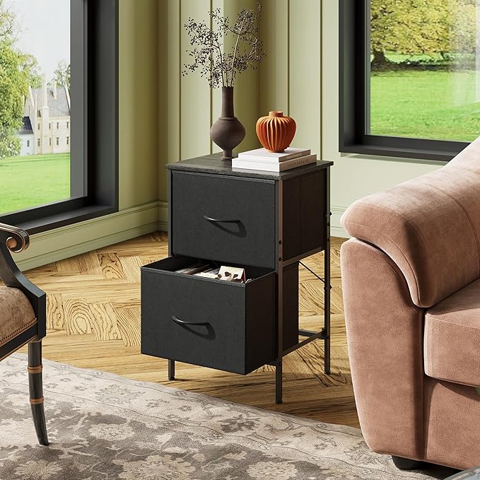 WLIVE Night Stand, Small Dresser with 2 Drawers & Wooden Top, Nightstand with Fabric Bins, Bedside Table End Table for Bedroom, Closet, Entryway, College Dorm, Black