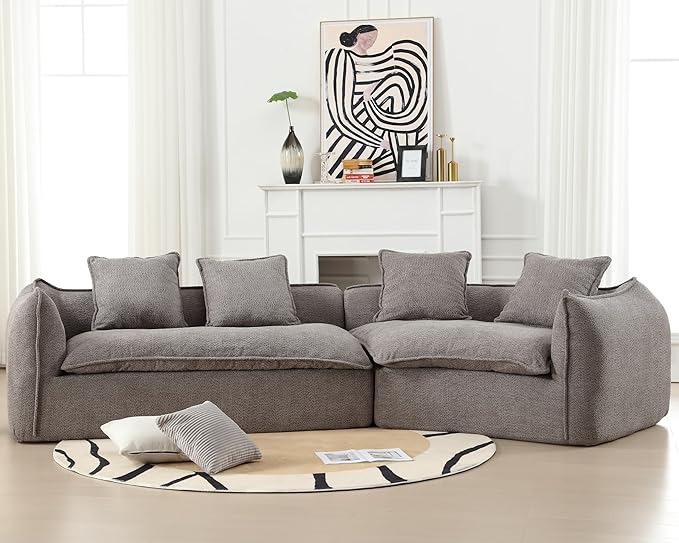 129.9” Curved Boucle Sofa Couch, Modern Sectional Sofa Cloud Deep Seat Couch with 4 Pillows, Comfy Modular 4-Seat Couches for Living Room Apartment (Grey)