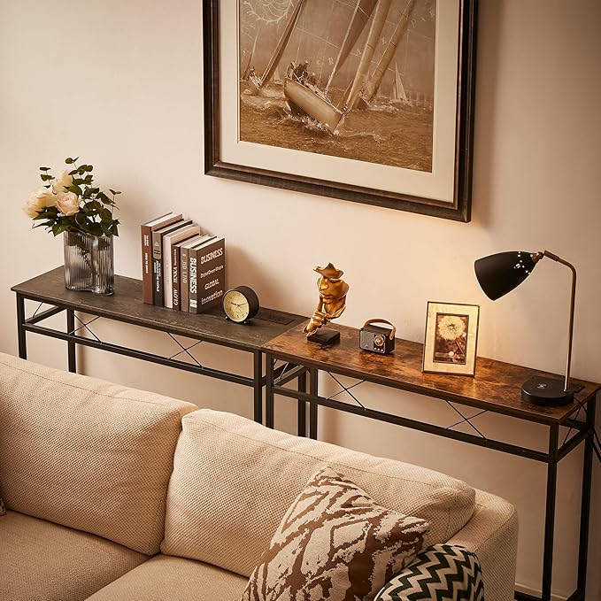 VECELO 39.4In Narrow Sofa/Console Table with Charging Station & Power Outlet and USB Ports, for Entryway, Living Room, Office, Industrial, Metal Frame, 2 Pack, Dark Grey