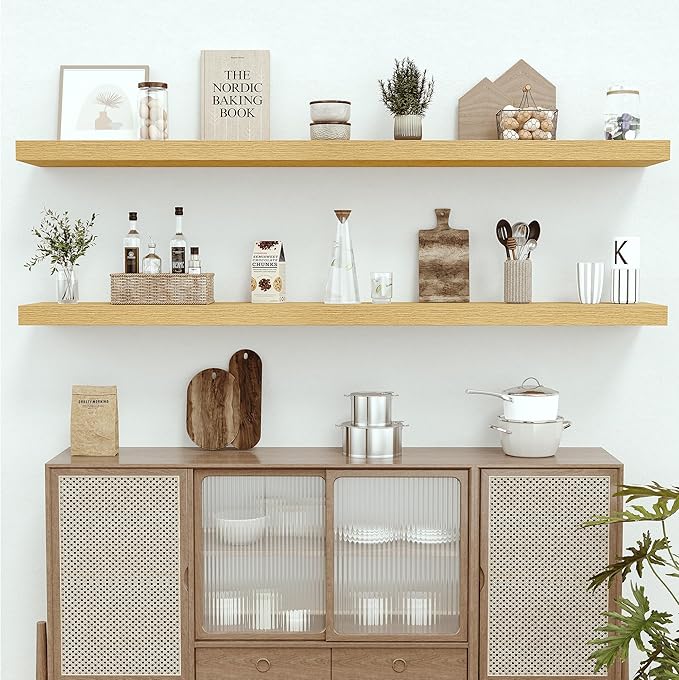 Vivelove 12" Deep Floating Shelves with Invisible Brackets, 72" Wall Shelves for Bathroom Bedroom Kitchen Living Room Laundry Room, Modern Rustic Shelves for Home Decor, 72"x12"x2", Set of 1, Oak