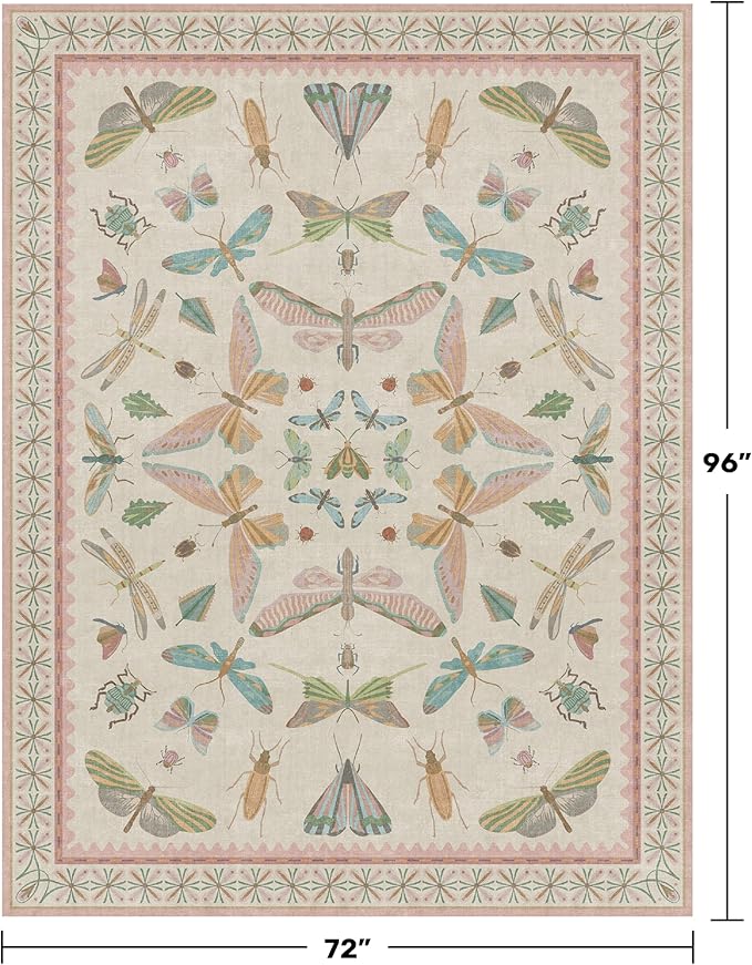 Pastel Pink Girls Rugs for Bedroom 6x8 - Washable Area Rug for Living Room, Dining Room Under Table, Boho Butterfly Cut Design, Low Pile & Soft Stain Resistant Carpet