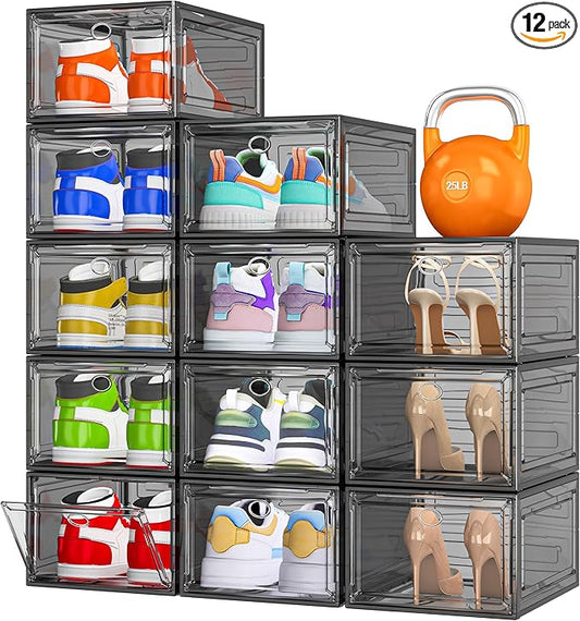 12 Pack Clear Shoe Storage Organizer with Magnetic Door, Stackable Plastic Shoe Boxes for Sneakers, Boots, and Heels, Space-Saving Foldable Shoe Rack for Closet, Durable Shoe Cabinet Organizer, Black