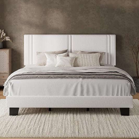 iPormis King Platform Bed Frame with Velvet Upholstered Headboard & Thickened Legs, Mattress Foundation with Solid Wooden Slats Support, No Box Spring Needed, Noise Free, White