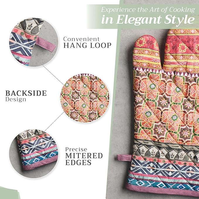 Maison d' Hermine 100% Cotton Oven Mitt & Pot Holder Set (7.5"x13" & 8"x8") Heat Resistant BBQ Cooking Gloves with Loop for Thanksgiving Christmas Decorations Handling Hot Pans (Ispahan)