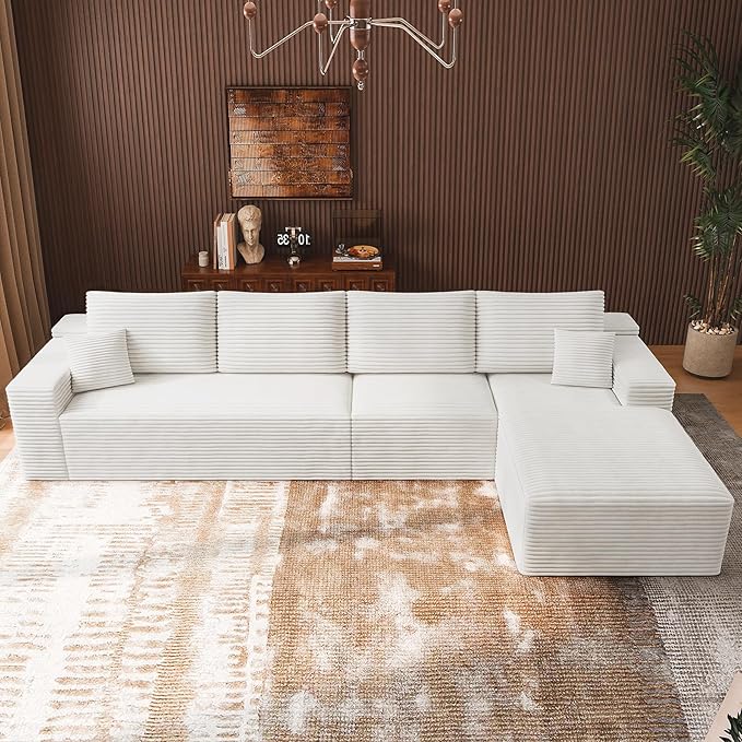 3-Piece Boneless Modular Sectional Sofa, Cloud Couch with Right Facing Chaise, Oversized Deep Seat, Soft Corduroy Fabric, Sectional Couch for Living Room-White