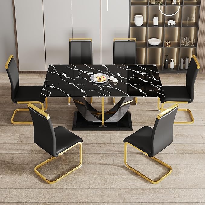 71" Dining Table Set for 6, Black Faux Marble Dining Room Table Set for 6, Large Rectangular Kitchen Table Set and PU Leather Chairs,Tempered Glass Glossy Table with Golden Leg