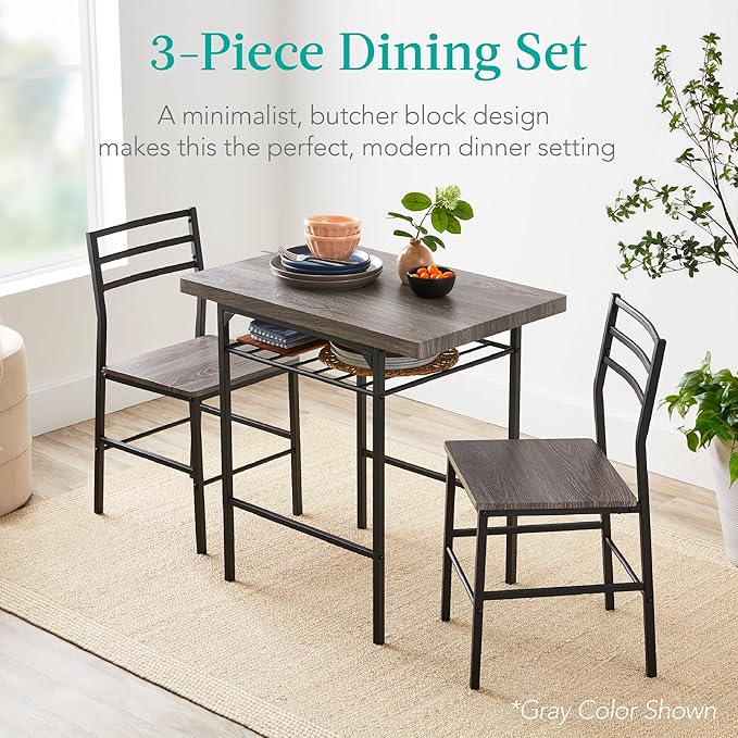 Best Choice Products 3-Piece Modern Dining Set, Space Saving Dinette for Kitchen, Dining Room, Small Space w/Steel Frame, Built-in Storage Rack - Oak/Black