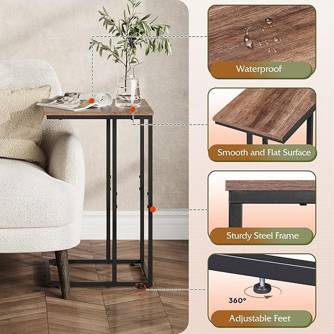 WLIVE C Shaped End Table, Small Side Tables for Sofa and Bed, Couch Table That Slides Under for Living Room, Bedroom, Home Office, Small Spaces