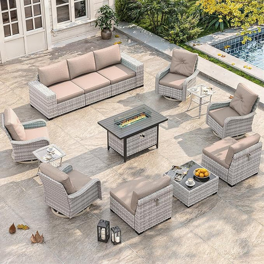 13 Piece Outdoor Wicker Rattan Sectional Sofa Set with Swivel Chairs & Fire Pit Table, 9-Seats with 4" Thickened Cushions & Coffee Table, All-Weather PE Rattan for Garden, Backyard, Porch, Beige