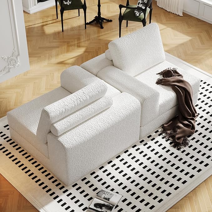 Cloud Modular Sectional Sofa, DIY Combination Modular Couch for Living Room, Unique Knitted Fabric Love Seat Couches with 2 Pillows, 2 Seater Comfy Sectional Couch with No Assembly (Beige)