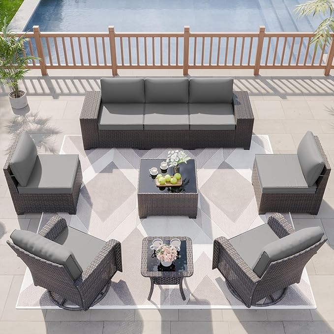Kurapika 9 Pieces Patio Furniture Set, Rattan Wicker Sofa Set, Outdoor Conversation Sets w/Swivel Rocking Chairs Patio Sectional Sofa w/4 Inch Cushion, Grey