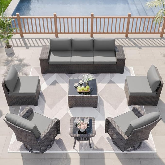 Kurapika 9 Pieces Patio Furniture Set, Rattan Wicker Sofa Set, Outdoor Conversation Sets w/Swivel Rocking Chairs Patio Sectional Sofa w/4 Inch Cushion, Grey