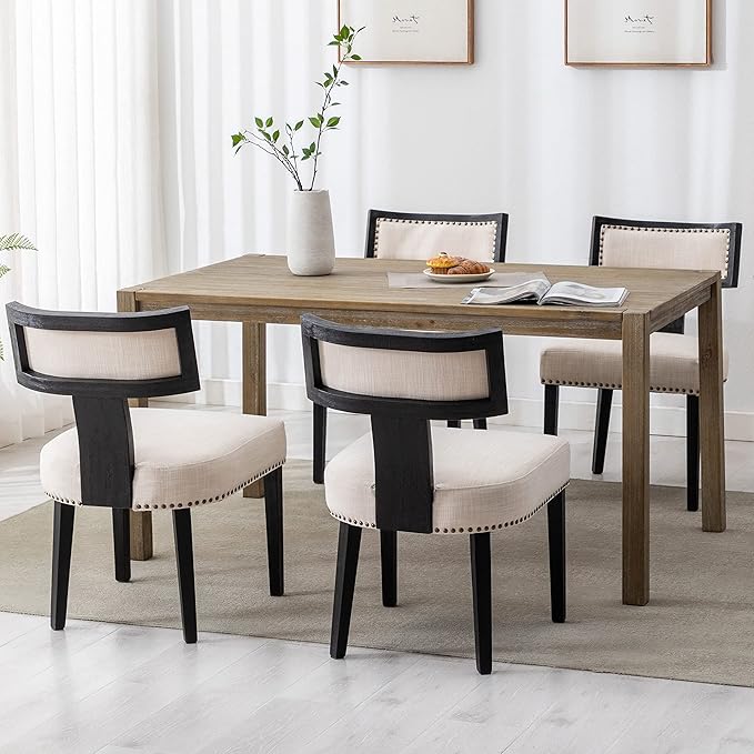 Mid Century Modern Dining Chairs Set of 6 Linen Fabric Upholstered Kitchen Side Chairs with Nailhead Trim, Modern Kitchen Armless Solid Wood Dining Chairs, Beige