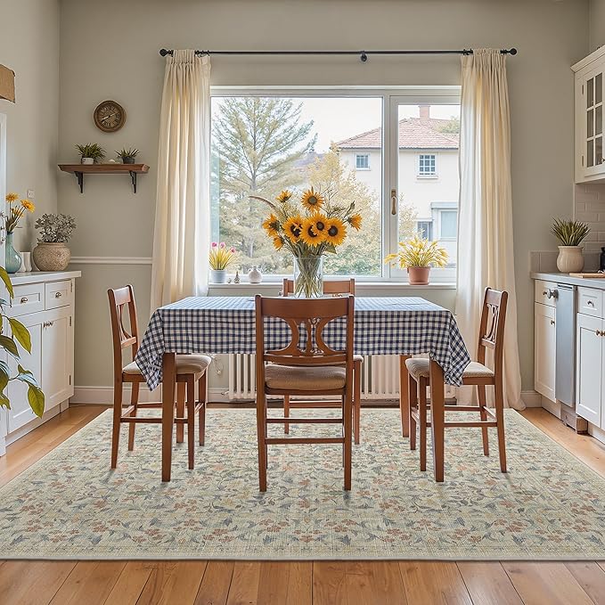 GENIMO 5x7 Washable Area Rug, Non-Slip Vintage Boho Floral Carpet, Soft Low-Pile Thin Bedroom Rug for Living Room, Dining Room, Nursery, Beige Blue