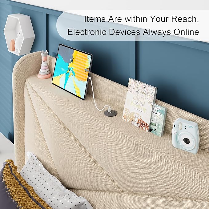 Feonase Twin Size Bed Frame with Charging Station, Upholstered Linen Bedframe with Wingback Headboard, Solid Wood Slats Support, No Box Spring Needed, Noise Free, Beige