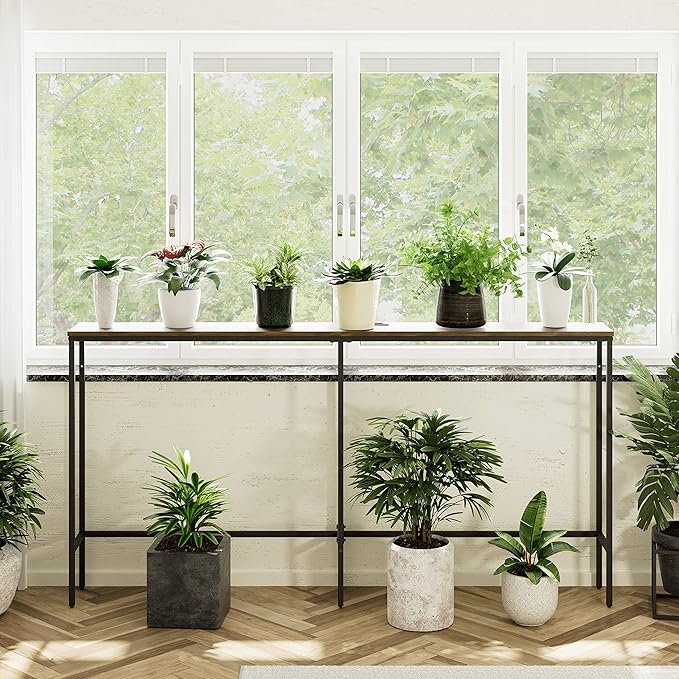 63 Inch Console Table with Power Outlet,Modern Narrow Long Sofa Table Behind Couch,Skinny Entry Table with Black Metal Frame for Entryway,Living Room, Hallway,Walnut Brown